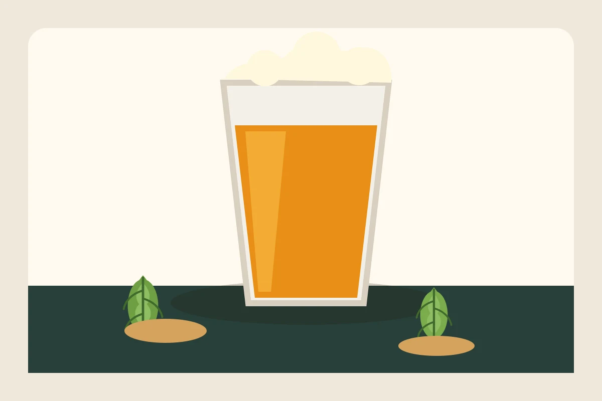 Generated illustration of an American IPA in a glass with hop accents