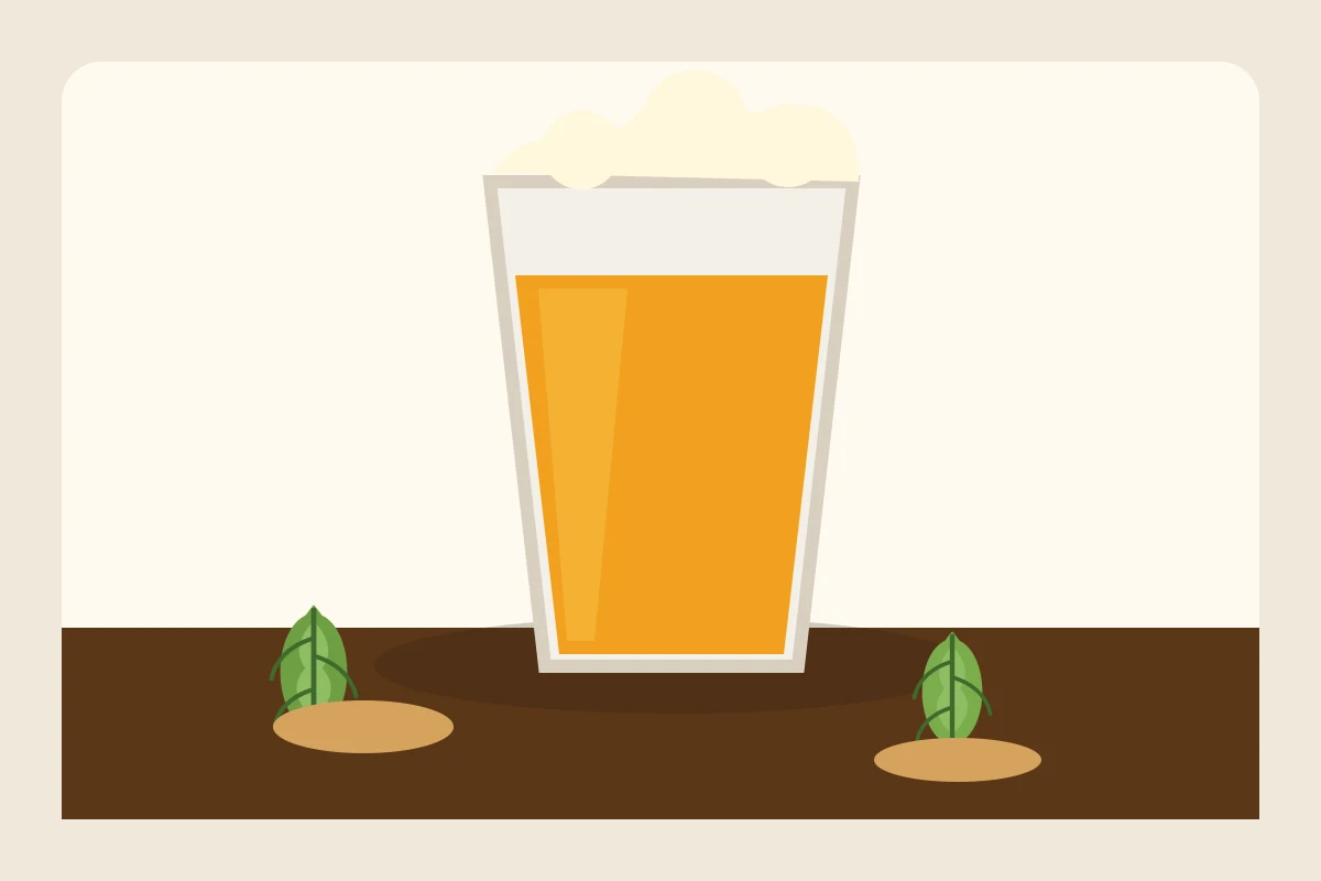 Generated illustration of a golden West Coast IPA in a pint glass with hops